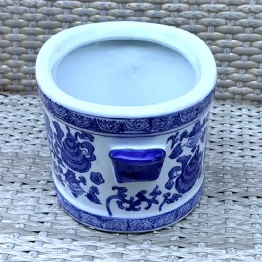 Blue & White Porcelain Chinoiserie Oval Cachepot Planter